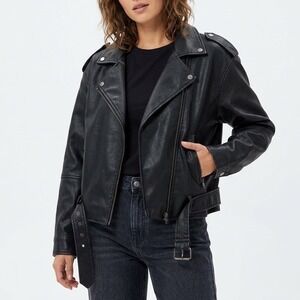Wild Fable Biker Jacket Women M Black Asymmetrical Zip Belted Waist Laple Collar